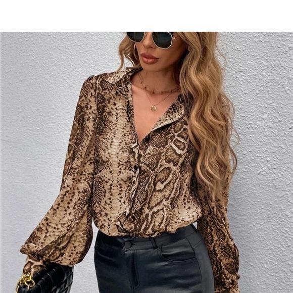 Snakeskin Print Cuffed Long Sleeve Sheer Top Blouse Button Down Shirt - Picture 2 of 12
